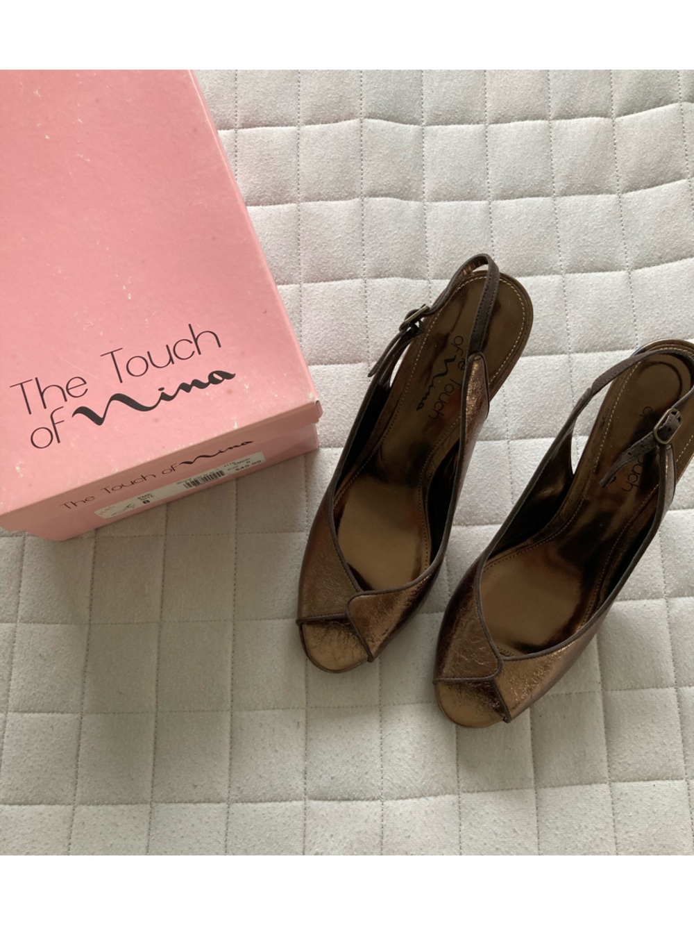 Touch of Nina Metallic Bronze Peep-Toe Slingback Heels - 3.5” Heel
